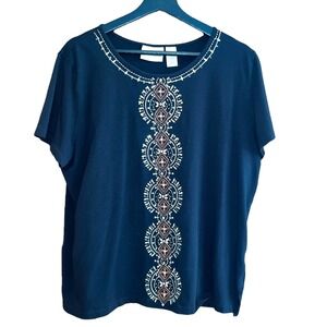 Alfred Dunner Black Embellished Knit Top Womens Size L Short Sleeve